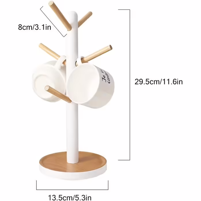 Removable Wooden Tree Cup Shelf, Coffee Cup Holder for Coffee, Tea, Mug, Display Stand, Coffee Bar Accessories with 6 Hooks (white)