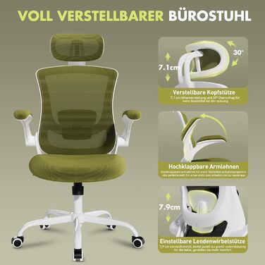 Офісне крісло Colamy з ергономічною підтримкою спини, регульованою підголівником та поперековою підтримкою, поворотне, (Зелений, Classic)
