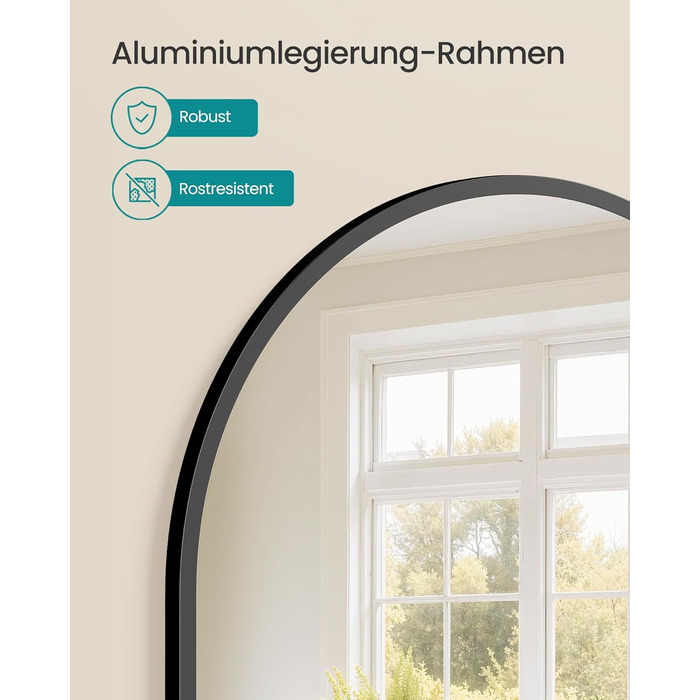 Дзеркало для ванної кімнати SONGMICS, настінне, з алюмінієвою рамою, 91 x 61 см, з захисною плівкою, 2 способи кріплення, для ванної, спальні, вітальні, LWM010BD01 (округле, чорний)