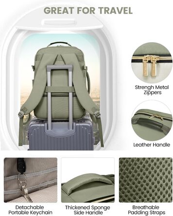 Рюкзак LOVEVOOK для ручної поклажі літака, 40L, водонепроникний, з відділенням для ноутбука 17 дюймів, для подорожей, школи, роботи, кемпінгу (зелений + бежевий + чорна шкіра)