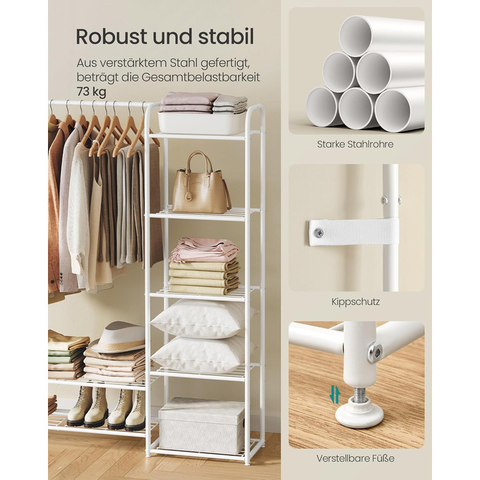 SONGMICS Взуттєва шафа, відкритий гардероб, вішалка для одягу, металева шафа для взуття з полицями, самостійна, 29 x 112 x 158,4 см, матовий білий LGR462W01 112B cm Mattweiß