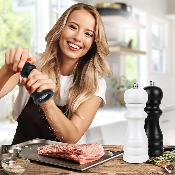 Набір з 2 шт. ручних мельниць для солі, перцю та чилі - дерев'яні солянки та перечниці, класичне регулювання помелу, для солі, перцю, чилі, чорний та білий колір