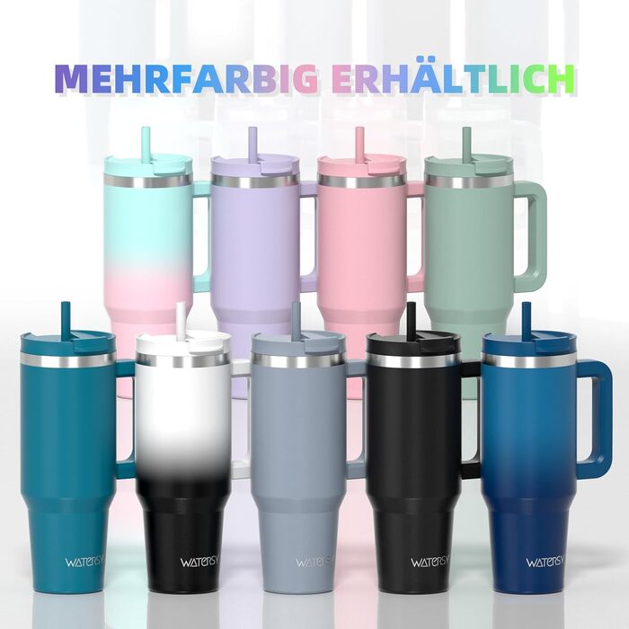 Термокружка WATERSY 1.2L з 2 трубочками, 1200 мл, зелена, з нержавіючої сталі, з вакуумною ізоляцією, без BPA, для кави та напоїв, з кришкою-гвинтовою, витримує до 12 годин, виготовлена з високоякісного матеріалу