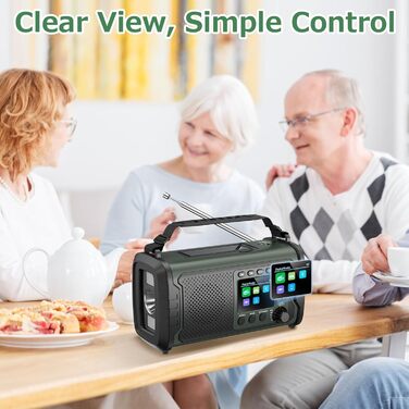 Радіостанція невідкладної допомоги 27000mAh з ручним заводом, сонячною панеллю, USB-зарядкою, Bluetooth 5.3, функцією Powerbank, SOS-сигналом, ліхтарем, лампою для читання, компасом, слотом для TF-карти та міцним Outdoor-дизайном, армійного кольору