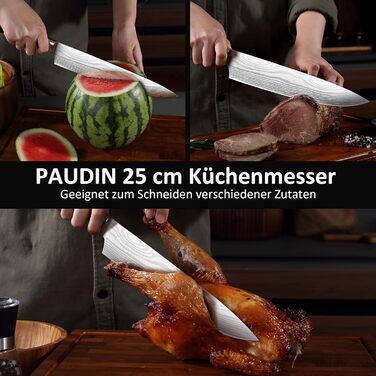 Набір кухонних ножів Paudin 5 шт. з нержавіючої сталі, включаючи кухонний ніж, ніж для хліба, сантоку, ніж для овочів та універсальний ніж