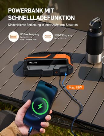 AstroAI MF16 6000A Powerbank для старту авто з компресором 150 PSI, 6000A, 12V, для бензинових/дизельних авто, мотоциклів, SUV, з LED-дисплеєм, помаранчевий