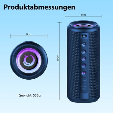 Bluetooth колонка 2026 з RGB підсвіткою, портативна водонепроникна (IPX7) колонка Bluetooth 5.4 з мікрофоном для подорожей, саду та активного відпочинку (Синій)