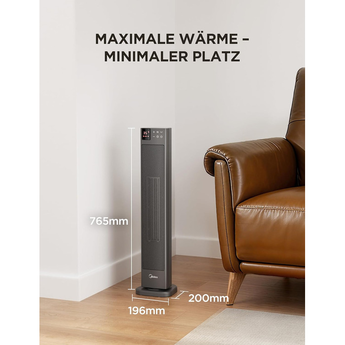 Електричний обігрівач Midea Ceramic 2000W з термостатом, 3 режими, таймер 24 год, захист від перегріву та перекидання, миттєве тепло для офісу та спальні (сірий, 76 см)