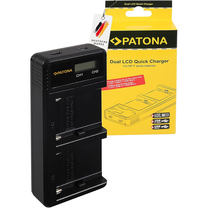 Зарядний пристрій Patona Dual LCD для акумуляторів Sony NP-F970/F750/F550/FM500H/FM50/QM71/91 – одночасний заряд 2-х акумуляторів через USB для відеокамер, світла та моніторів NP-F