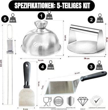 Набір для приготування Smash Burger – 6 предметів: прес для бургерів, розчавлювач, 2 кришки для плавлення сиру, лопатка для гриля та шампури – подарунок для чоловіків та любителів гриля (Чорний, 6 предметів)