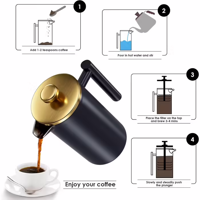 Enfmay French Press Coffee Maker 1L, Stainless Steel Coffee Maker, Portable Coffee Maker with Filter, Double-Walled Insulated French Press, for Travel, Camping, with 100ml Coffee Canister, Black 1000ML Black