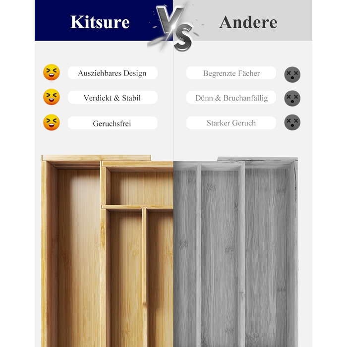 Органайзер для столових приборів Kitsure з бамбука, 8 відділень, регульований, 33.6x29-47 см
