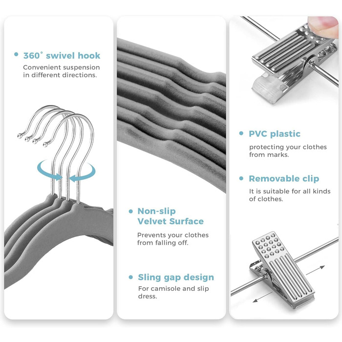 Вело Преміум плюшеві вішалки для одягу з металевими кліпсами, антиковзні та економні, з 1 магічною вішалкою та 2 тримачами для краваток, ідеальні для жінок та чоловіків, 20 шт. (20-PACK, Сірий)
