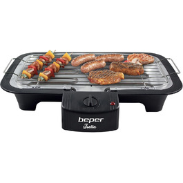 BEPER Electric Grill with Glass Lid - Coated Grill Plate, Stainless Steel, Black (2000W)
