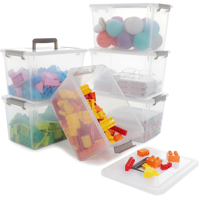 Citylife 6-Piece Storage Box Set, 5L Capacity with Lid and Closure Clips, Handle, Stackable, Transparent Box, for Living Room, Bedroom, Garage, 21.4 * 14.5 * 15.5cm