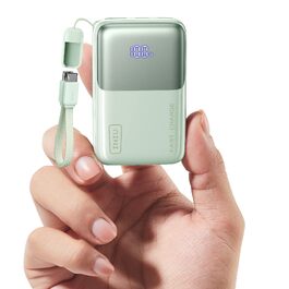Компактний зовнішній акумулятор INIU Ultra Mini Powerbank 10000mAh 45W з вбудованим USB-C кабелем, швидка зарядка для iPhone 17 16, Samsung, світло-зелений