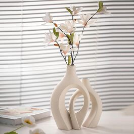 SUKIYPO Ceramic Vase Set - Beige Modern Vases (2-Pack) for Nordic, Boho Home Decor - Large Decorative Flower Vases for Living Room, Office, Farmhouse, Coffee Table