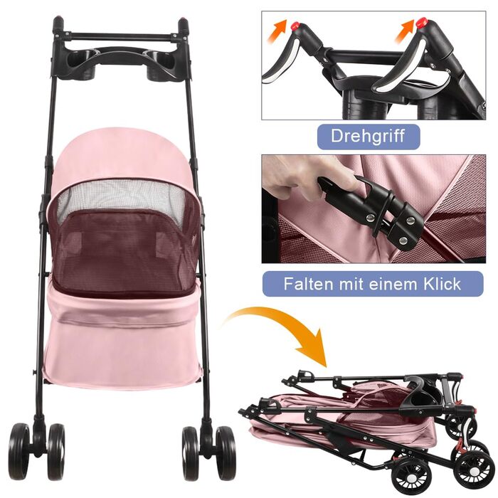 Візок для собак Homewell 2в1: візок-будка, сумка-переноска, з тримачами для напоїв, складна конструкція, гальмо, для домашніх тварин, 50x70x99 см (Рожевий)