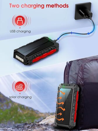 Power Bank 52800 mAh Red з сонячною зарядкою, бездротовою зарядкою, водонепроникний, 5 виходів, 3 входи, ліхтарик, карабін, QC 30W та USB C PD 20W для мобільних телефонів