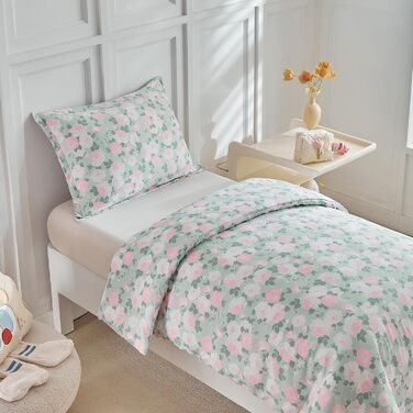 Комплект постільної білизни для дитячого ліжечка, зелений квітковий принт, 120x150 см. М'який двосторонній комплект з ковдрою та подушкою для дівчинки