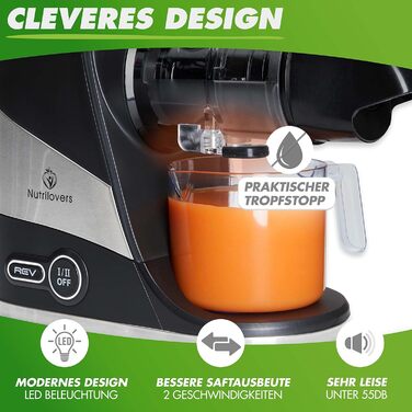 Nutrilovers Slow Juicer Extractor for Fruits and Vegetables - German Brand - Compact Stainless Steel Design, 100% BPA-Free, Easy Cleaning - Includes Recipe E-book + Nutri-App Black Berry (Black)