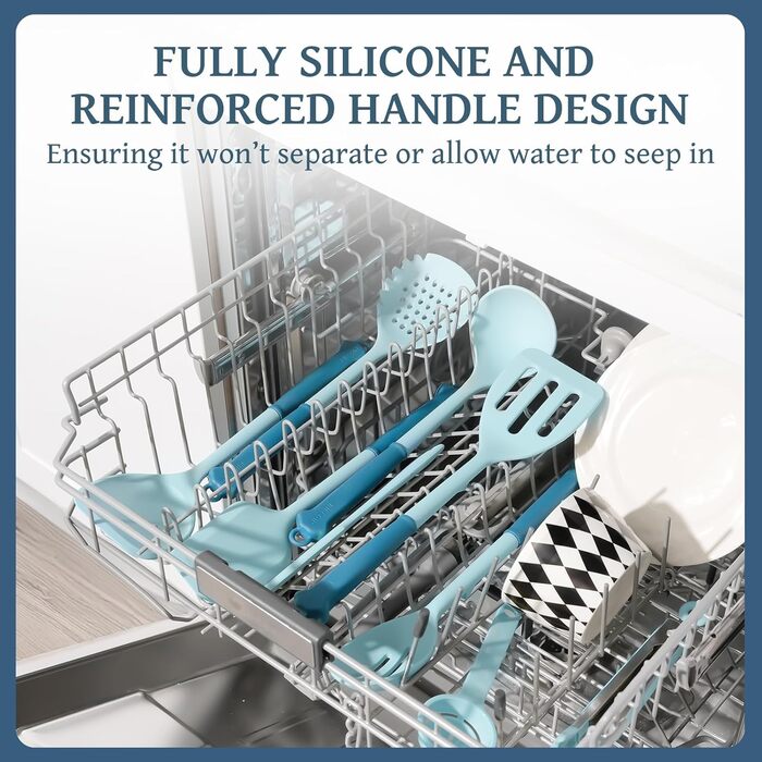 Набір кухонних аксесуарів Kikcoin 43 шт. – Силіконовий набір кухонних інструментів, безпечний для миття в посудомийній машині, лопатки для антипригарного посуду, стійкий до 230°C, кухонні помічники з підставкою, без BPA, колір: авокадо (блакитний)