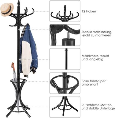 GIANTEX Coat Rack with Umbrella Stand, Clothes Rack Wood with 12 Clothes Hooks, Coat Tree Wood Freestanding, Standing Coat Rack for Entryway Living Room (white) (black)