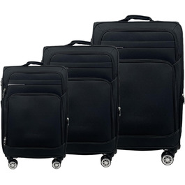 Чемодан-валіза на колесах, тканинний, розширюваний, з подвійними колесами (M/L/XL/XXL або набір 4 шт.), м'який, ліловий, ручна поклажа (55 см), набір 3 шт., чорний
