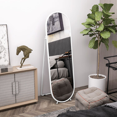 HOMCOM Full Length Mirror, 160 x 40 cm Wall Mirror with Stand, Metal Frame, Oval Standing Mirror for Living Room, Bedroom, White | Aosom