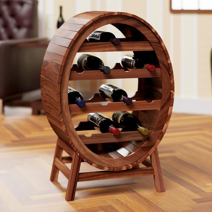 Casaria® Wine Rack Barrel 12 Bottles Acacia Solid Wood Rustic 90x50x30cm Standing Cellar Kitchen Living Room Bar Wine Barrel Bottle Rack Wine Stand Shelf