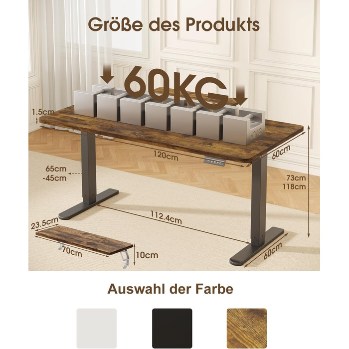 Devoko Electric Standing Desk 160x70cm with Monitor Stand, Memory Height Adjustment, Ergonomic Sit-Stand Desk (120x60cm, Vintage Brown)