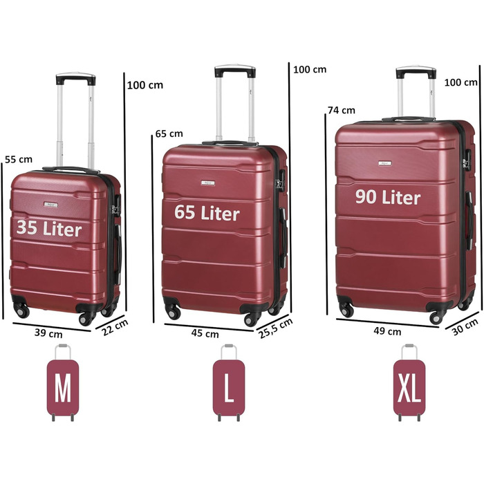 Набір валіз Zelsius 4 шт. з ABS, з кодовим замком, 4 колеса, внутрішній роздільник | Набір валіз з твердим корпусом, велика валіза, набір багажу, ручна валіза (червоний, 3 шт.)