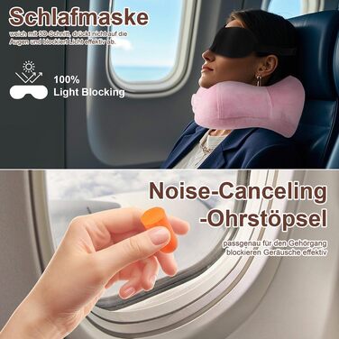 Подушка для шиї в літак та автомобіль з ефектом пам'яті (Memory Foam), набір для подорожей з маскою для сну, берушами та сумкою, рожева