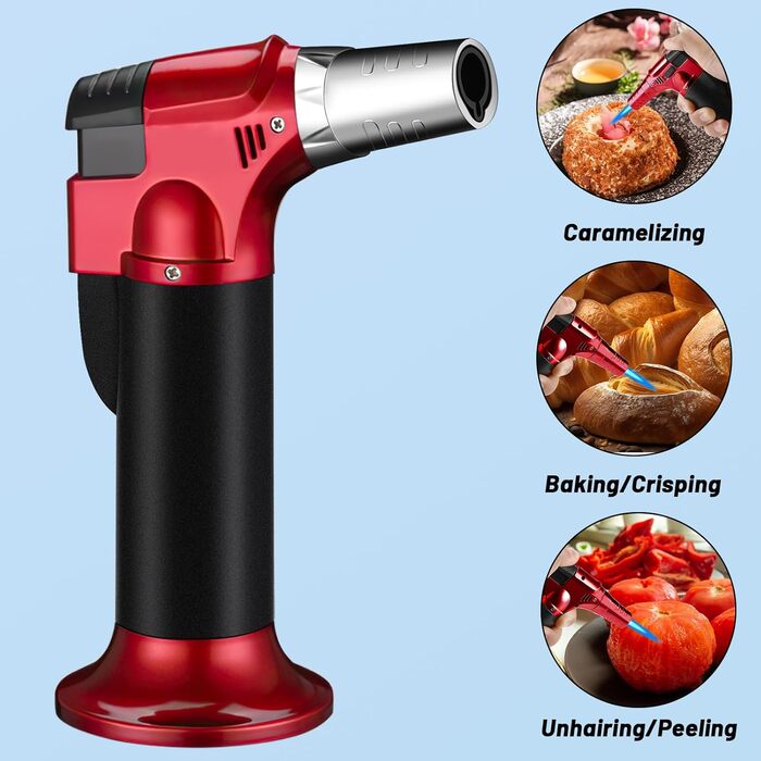 Фламбер (кухонний пальник) Royouzi з блокуванням безпеки, регульований, наповнюваний. Підходить для крем-брюле, грилю, приготування їжі, кемпінгу (червоний)