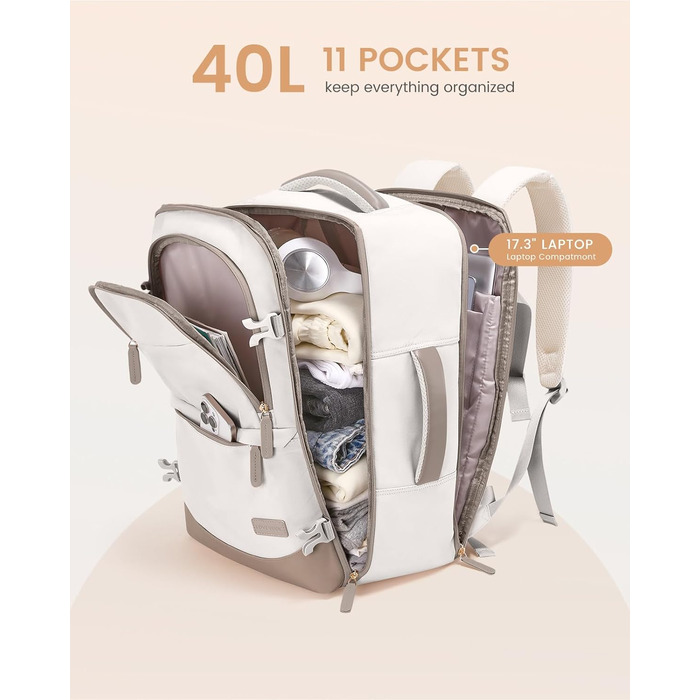 LOVEVOOK Рюкзак для ручної поклажі 40л, для подорожей, з відділенням для ноутбука 17.3 дюймів, з вологостійким відділенням, 45x36x20 см, бежевий/хакі