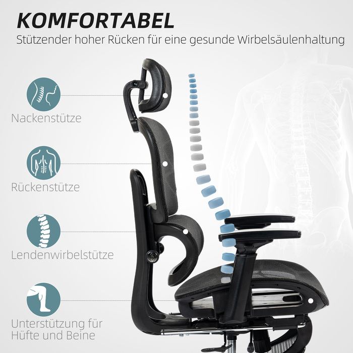 HOMCOM Ergonomic Mesh Office Chair with Adjustable Height, Swivel, Armrests, and Headrest - Black