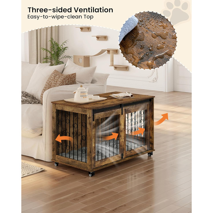 Клітка для собак EUGAD, 100 см, з 2 дверцятами та 5 колесами, для великих, середніх та маленьких собак, декоративна переноска для дому, вінтажний коричневий колір
