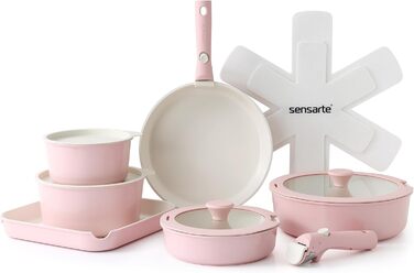 SENSARTE 17-Piece White Non-Stick Cookware Set with Detachable Handles - Induction, Dishwasher & Oven Safe, Healthy RV Cookware