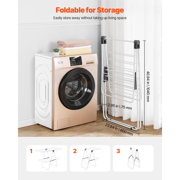Сушарка для білизни VEVOR 2-ярусна розкладна з прищіпками та 31 вішалкою, регульована по висоті, металева, для ванної, балкону, 1470 x 600 x 1000 мм
