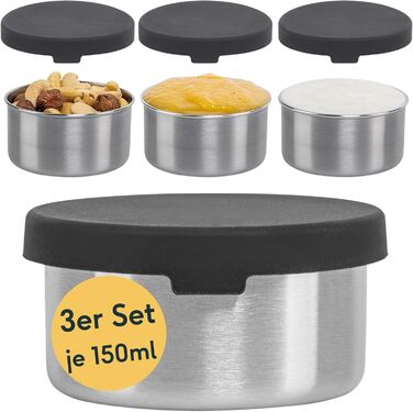 Small Stainless Steel Tins, 3-Piece Set with Lid - Leak-Proof Containers for Transporting Food, for Dips, Dressings, Nuts, Granola in Lunch Boxes