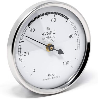 Fischer 150CR - Synthetic Hygrometer - 68mm Humidity Meter with chrome-colored plastic housing. Made in Germany