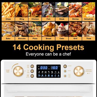 Аерофритюрниця LLIVEKIT 26 л, міні-піч з конвекцією, 14-в-1, 360° циркуляція повітря, швидке та здорове приготування з низьким вмістом жиру, енергозбереження 60%, 1700 Вт, кремова, 8 аксесуарів, книга рецептів