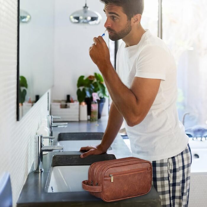 Чоловіча косметичка Kulturbeutel, водонепроникна сумка з PU-шкіри, чоловіча валізка з вологостійким мішечком, двошарова косметичка, дорожня сумка для чоловіків (коричнева шкіра)