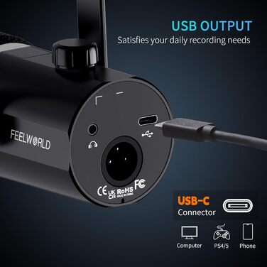 FEELWORLD PM1 Динамічний мікрофон XLR/USB з RGB-підсвічуванням для запису подкастів, геймінгу та YouTube. Комплект з підсвічуванням, навушником, підставкою та XLR-кабелем