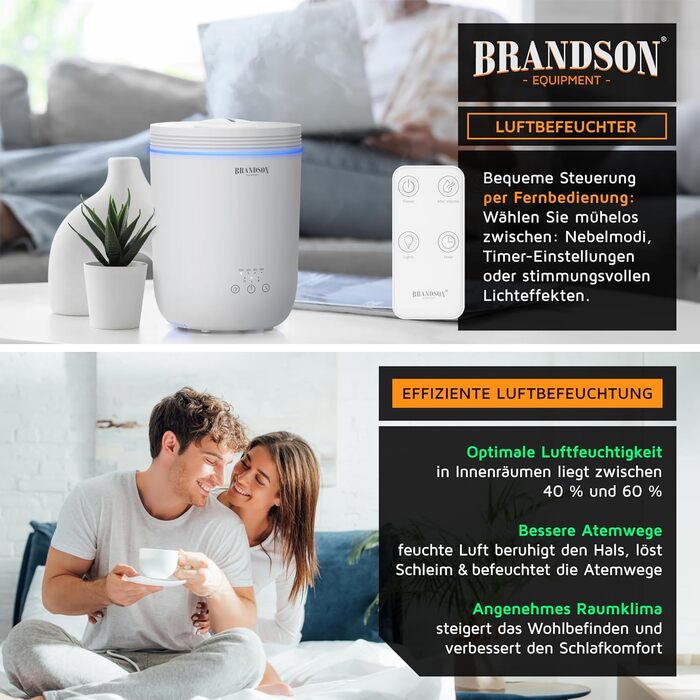 Зволожувач повітря Brandson з пультом керування, 2.2 л, LED-підсвітка, таймер, тиха робота, LED-індикатори, для вітальні, дитячої кімнати, спальні