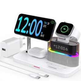 Багатофункціональна бездротова зарядка 5 в 1 з годинником для Apple iPhone, Apple Watch, AirPods (біла)