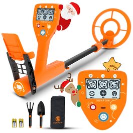 Металодетектор SUNPOW для дітей - LCD-дисплей з мультфільмами, водонепроникна котушка IP68, унісекс дизайн, 3 режими (All Metal/Disc/Pinpoint), регульована ручка 81-102 см для дітей 5-12 років, помаранчевий