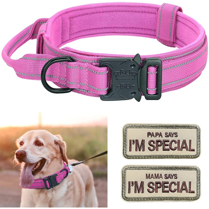 Тактичний нашийник для собак з ручкою, регульований, нейлон, з м'якою підкладкою, металева застібка, для середніх та великих собак, для тренувань, на відкритому повітрі, рожевий, M, рожевий