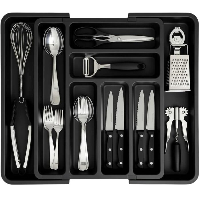 Органайзер для столових приборів Edihome в шухляду, розширюваний, 6-8 відділень, чорний, без BPA