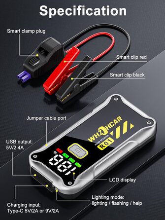 Powerbank Starthilfe 4000A: портативний пусковий пристрій для автомобіля 12V з LCD дисплеєм та LED ліхтариком. Підходить для бензинових (9.0L) та дизельних (7.5L) двигунів. Ідеально для SUV, мотоциклів та газонокосарок. Чорний колір.